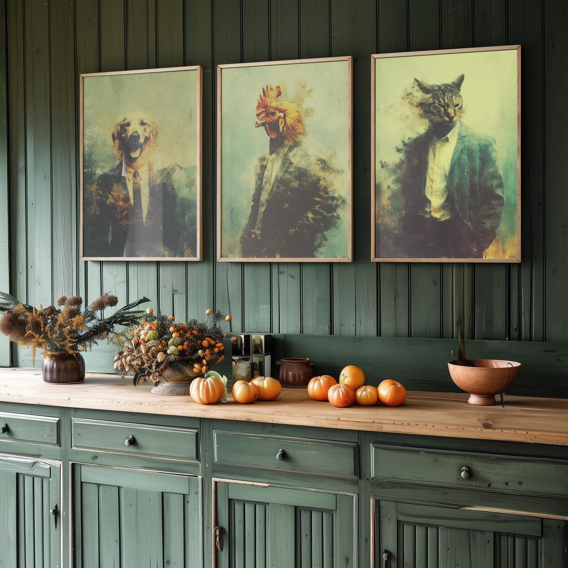Set of Three Business Animals Wearing Suits Paintings - 3 Golden Retriever Dog, Chicken, Cat Art Prints - Photo Poster Wall Gift
