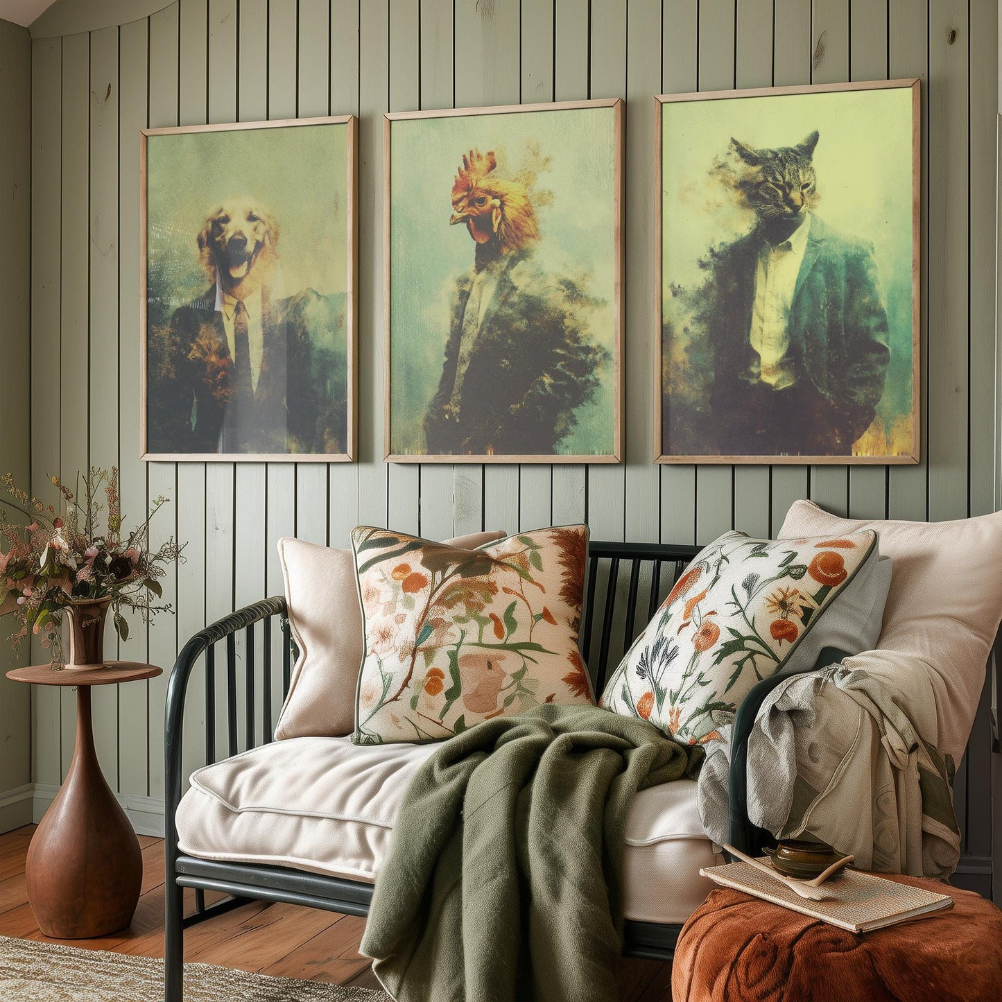 Set of Three Business Animals Wearing Suits Paintings - 3 Golden Retriever Dog, Chicken, Cat Art Prints - Photo Poster Wall Gift