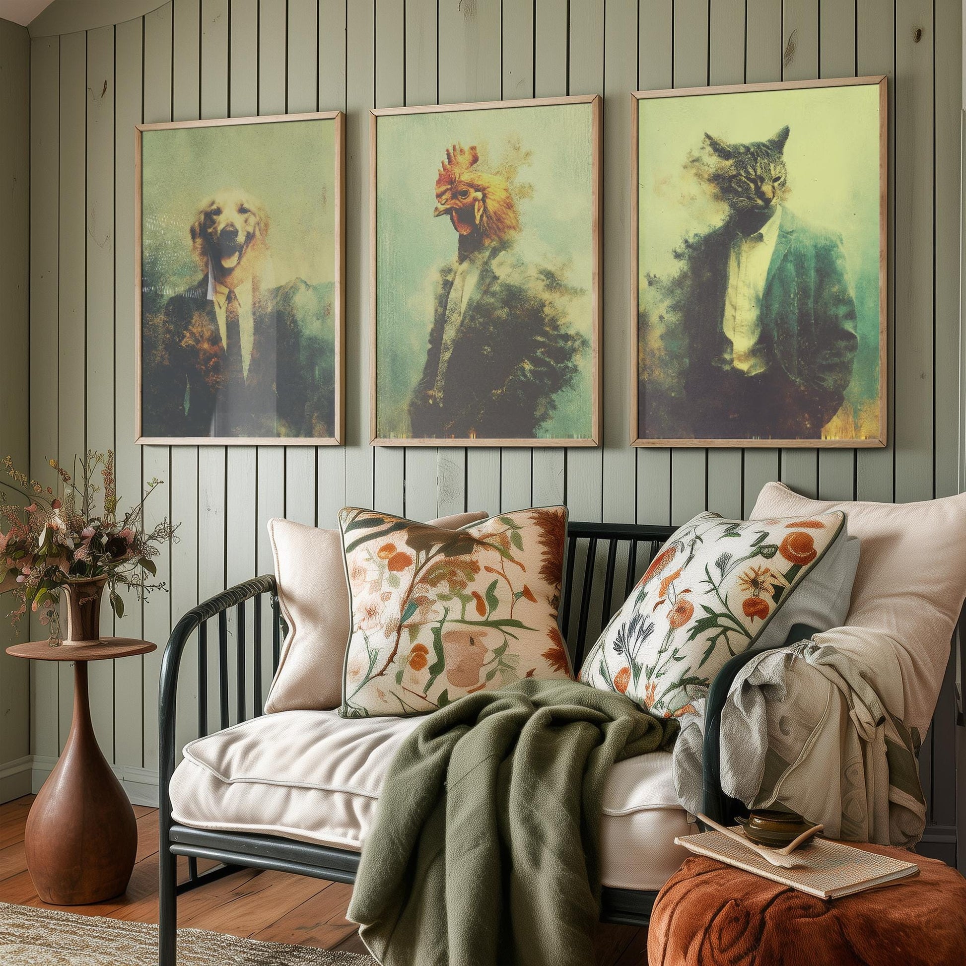 Set of Three Business Animals Wearing Suits Paintings - 3 Golden Retriever Dog, Chicken, Cat Art Prints - Photo Poster Wall Gift