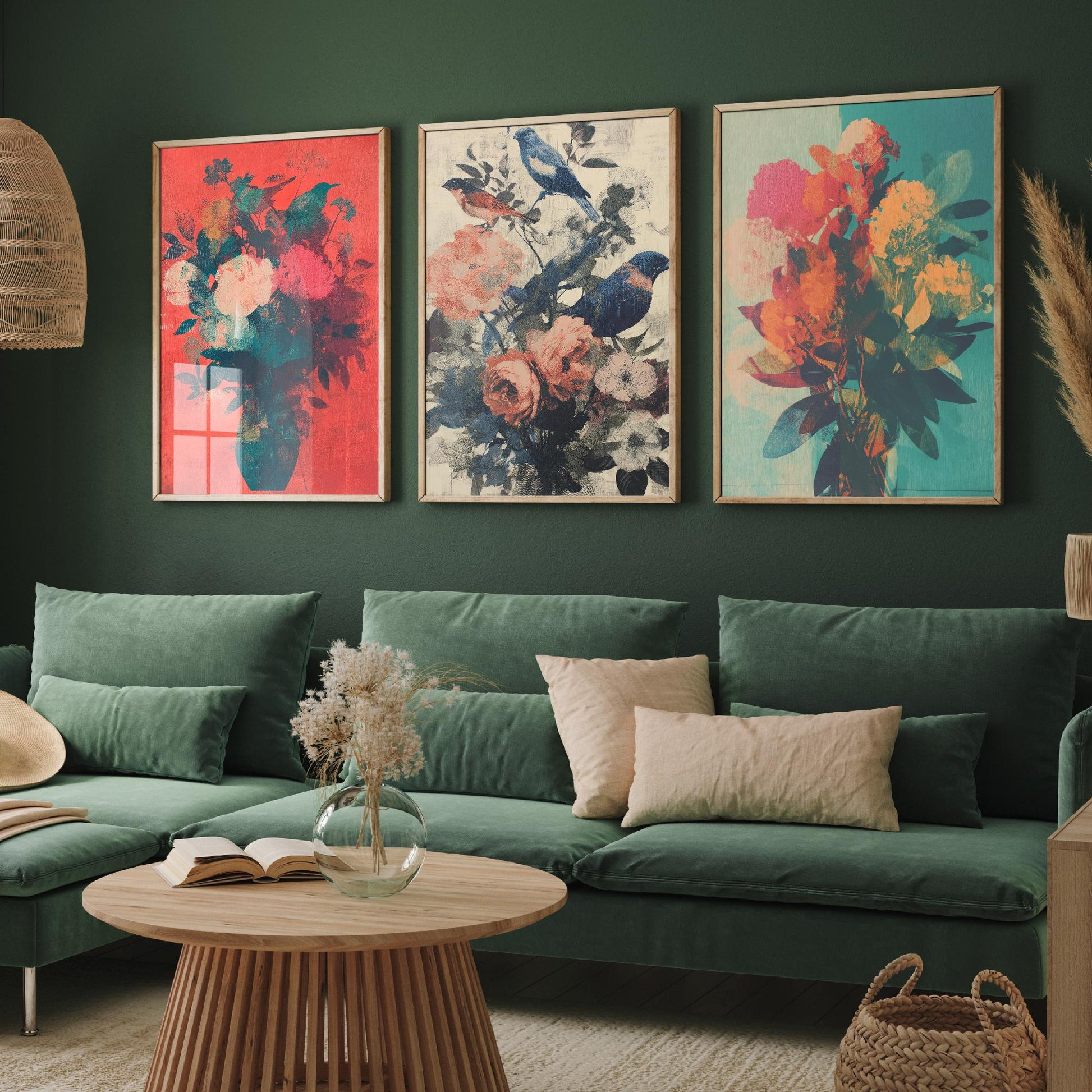 Set of Three Floral Bouquet with Birds Art Prints - Set of 3 Flower Plants - Paintings Photo Poster Wall Gift Museum Botanical Bunch Muted