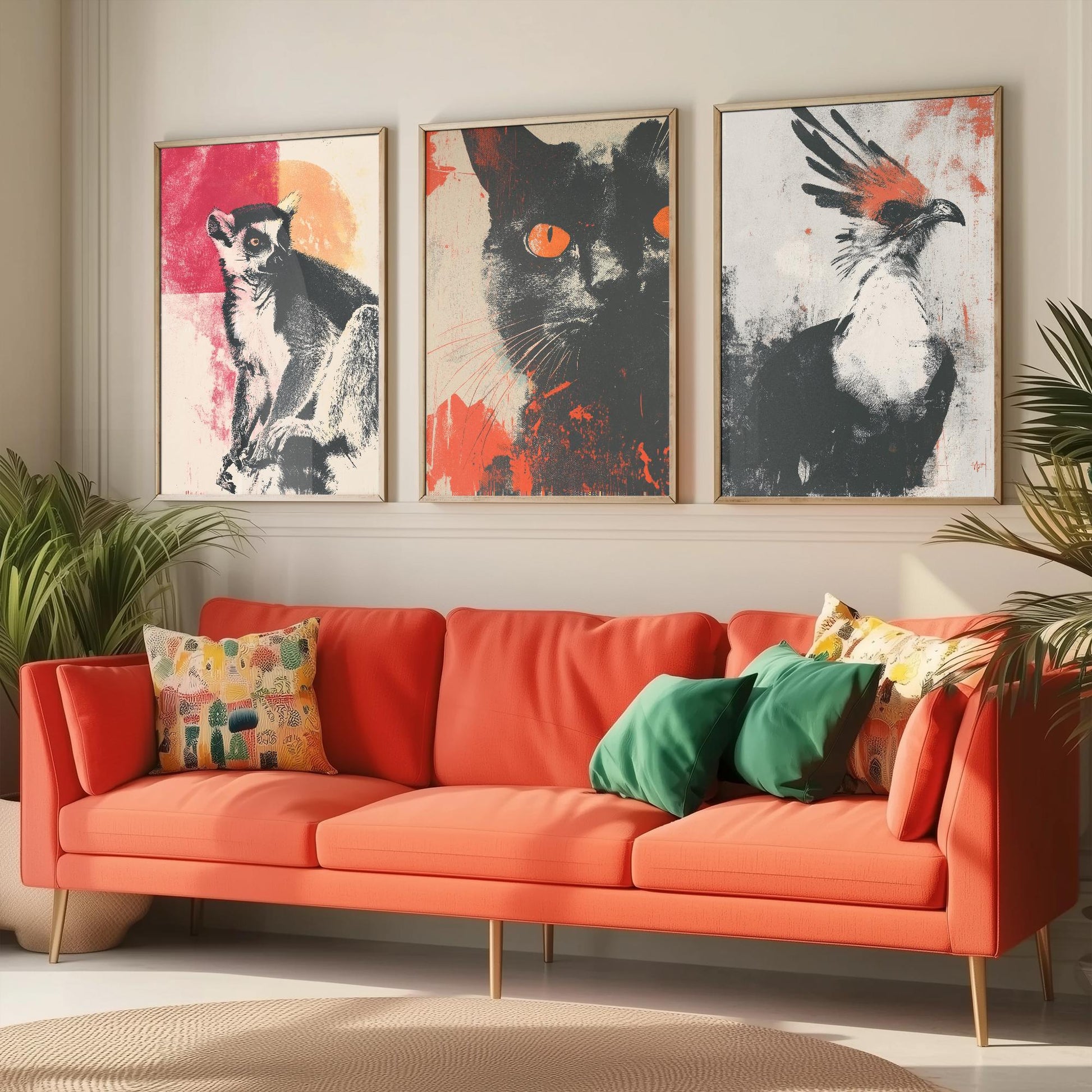Animal Screen Prints Set of Three Paintings - Art Featuring the Ring Tailed Lemur, Cat and Secretary Bird - Unique Poster Set Gift