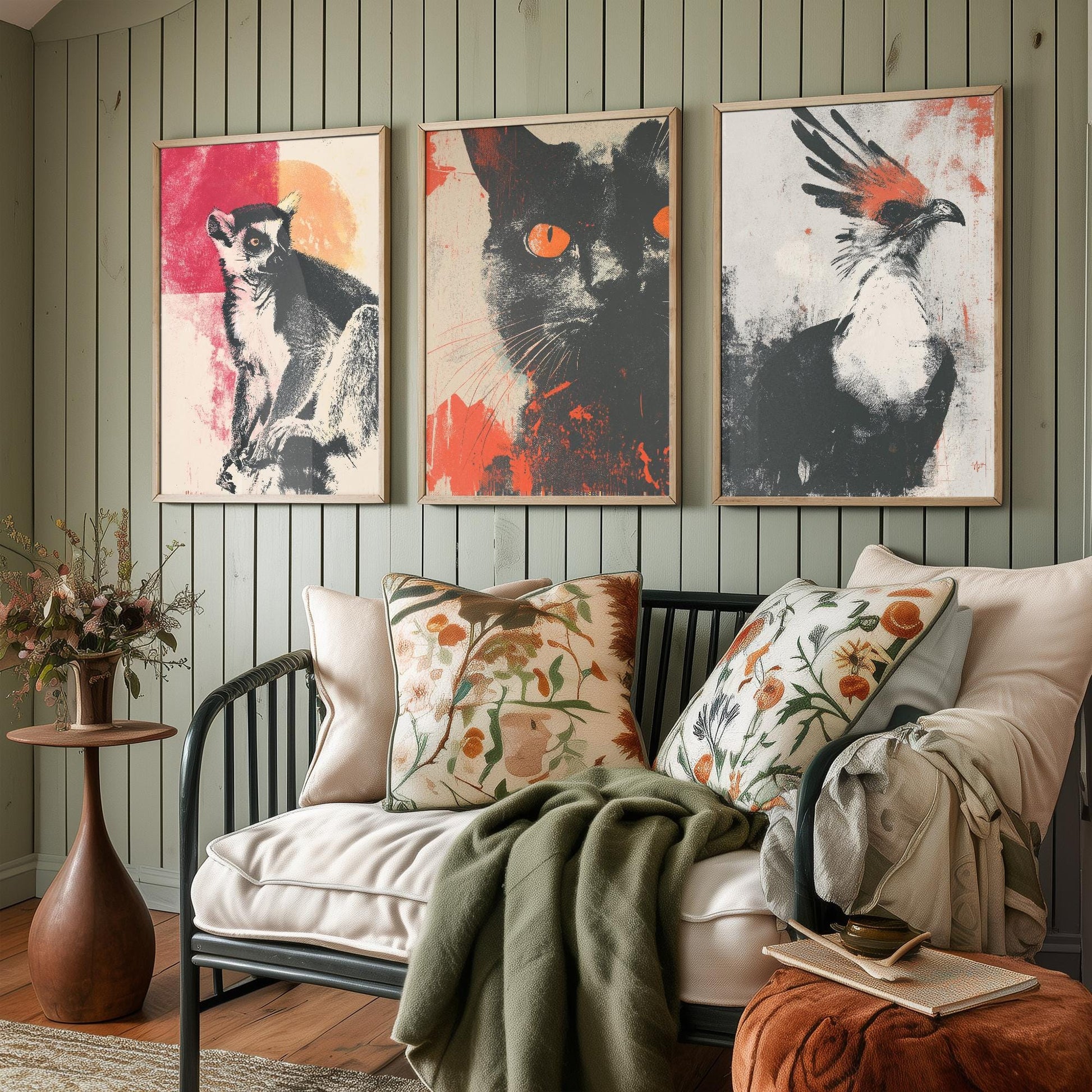 Animal Screen Prints Set of Three Paintings - Art Featuring the Ring Tailed Lemur, Cat and Secretary Bird - Unique Poster Set Gift