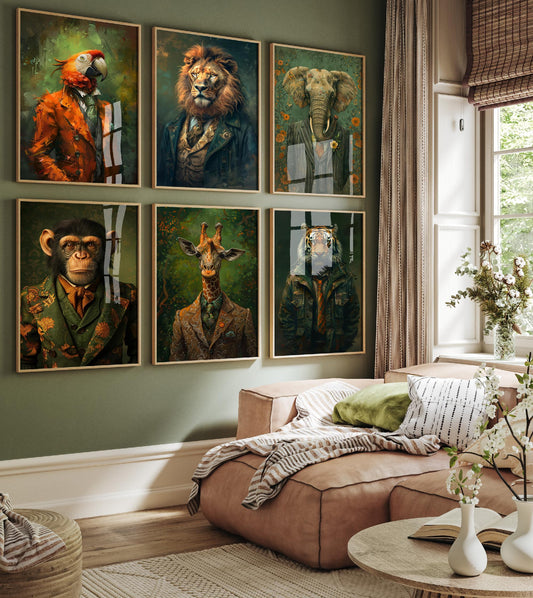 Set of Six Animals in Suits Art Prints - 6 Paintings Parrot, Lion, Elephant, Monkey, Giraffe, Tiger - Photo Poster Wall Gift Whimsical Fun