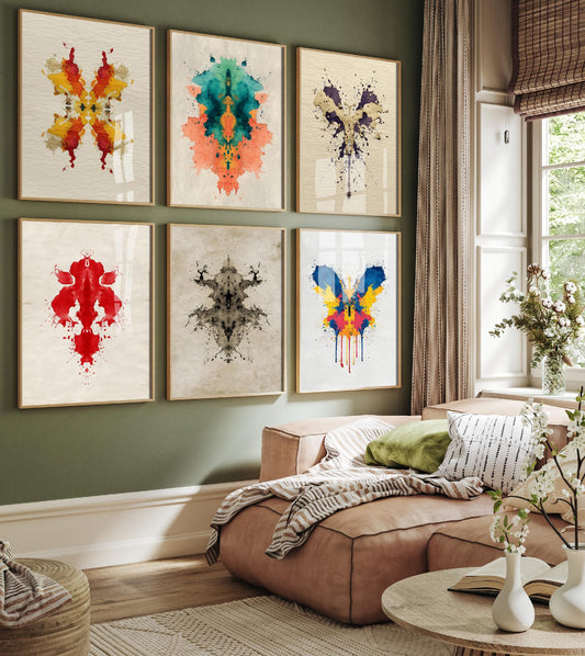 Set of Six Rorschach Colour Paintings - 6 Inkblot, Psychology, Minimalist Therapy, Surreal Art Prints - Photo Poster Wall Gift Giclée Décor