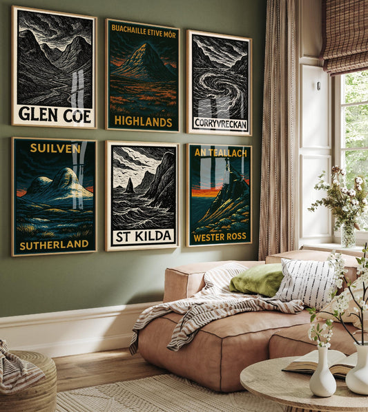 Scottish Highland Woodcuts Set of Six Art Prints - Glen Coe, Corryvreckan, Suilven, St Kilda, An Teallach, Sutherland 6 Posters Painting