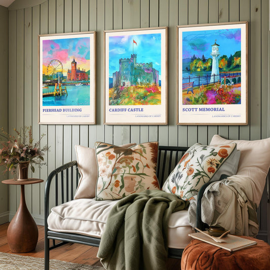 Landmarks of Cardiff Watercolour Paintings - Set of Three Art Prints - Cardiff Bay, Cardiff Castle, Roath Lake Lighthouse Posters - 3 Gift