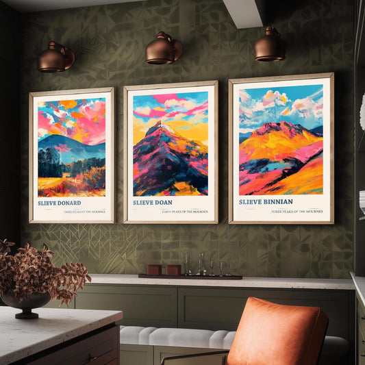 The Mournes - Set of Three Northern Ireland Mountain Peaks - Slieve Donard, Doan, Binnian - 3 Art Prints Painting Illustration Poster Visit