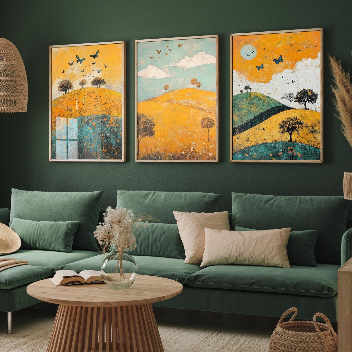 Rolling Butterfly Landscape Art Prints in Saffron, Teal and Charcoal - Set of Three Posters, Painting - The Trossachs