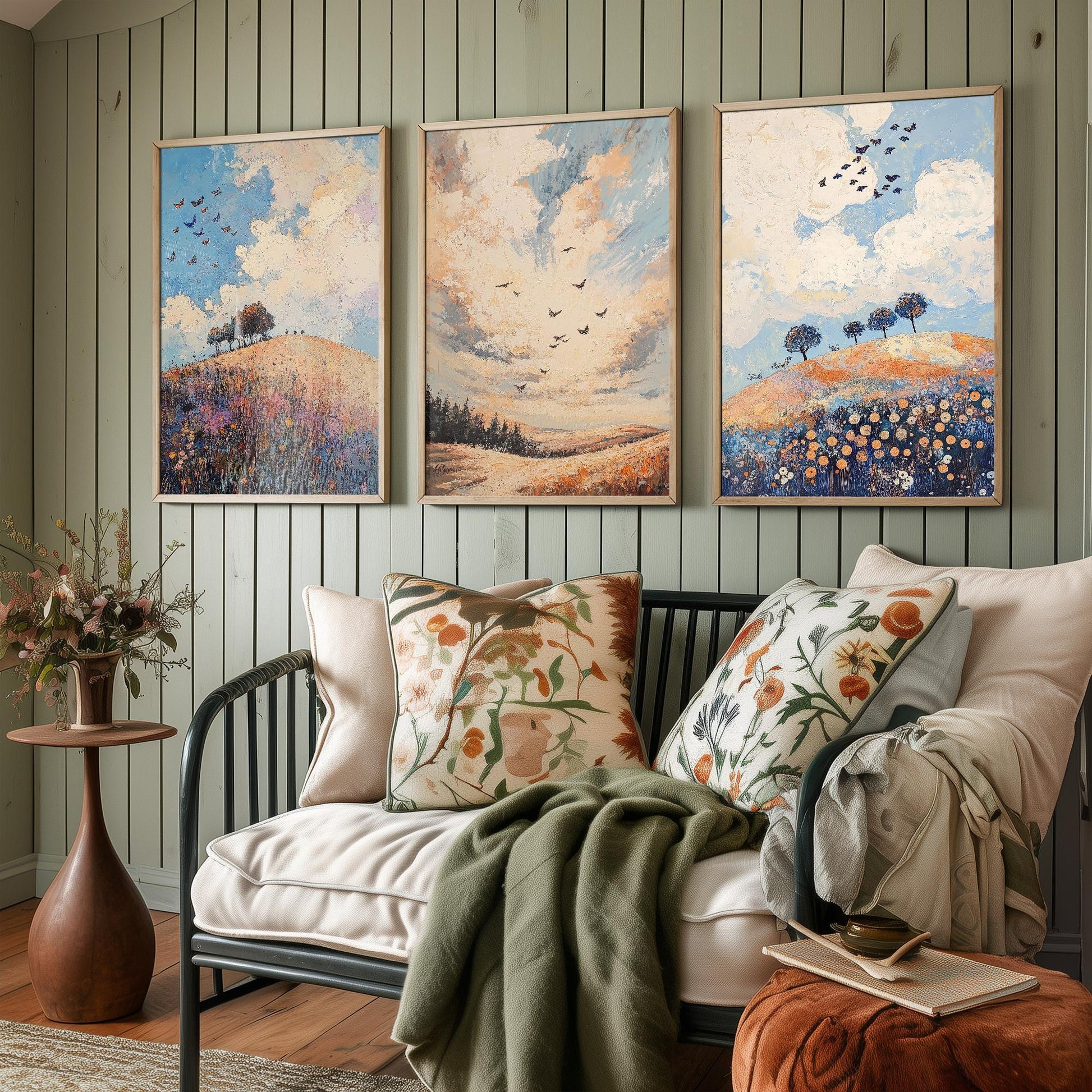 Rolling Butterfly Landscape Art Prints in Periwinkle, Copper and Ice - Set of Three Posters, Painting - Lincolnshire Wolds