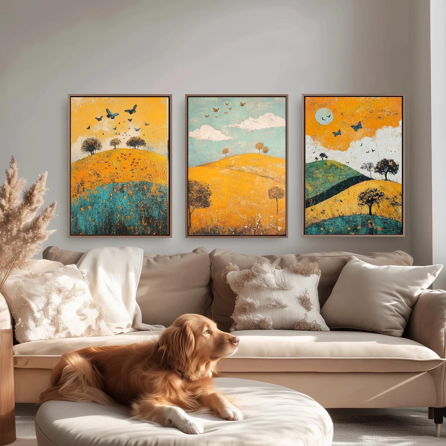 Rolling Butterfly Landscape Art Prints in Saffron, Teal and Charcoal - Set of Three Posters, Painting - The Trossachs