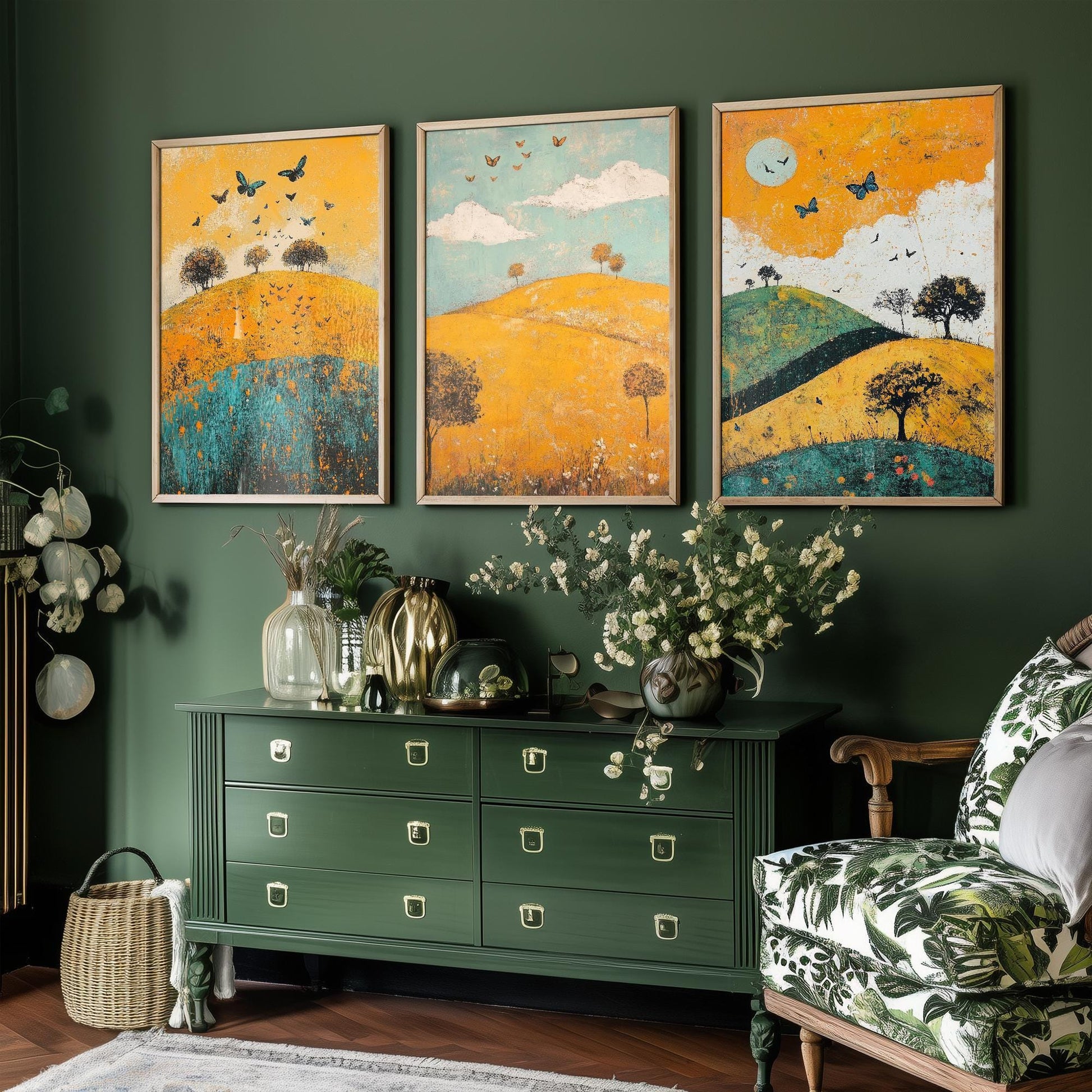 Rolling Butterfly Landscape Art Prints in Saffron, Teal and Charcoal - Set of Three Posters, Painting - The Trossachs