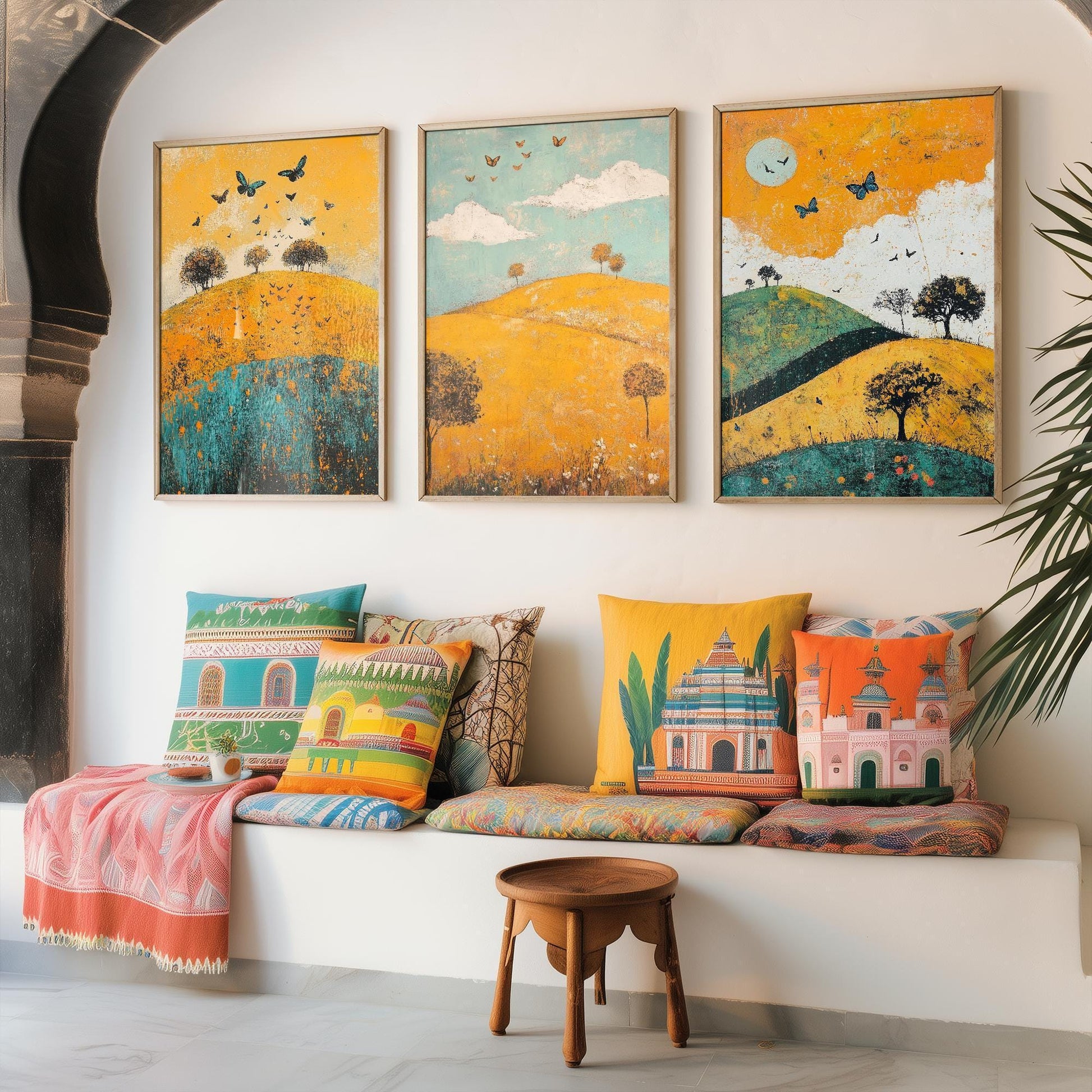 Rolling Butterfly Landscape Art Prints in Saffron, Teal and Charcoal - Set of Three Posters, Painting - The Trossachs