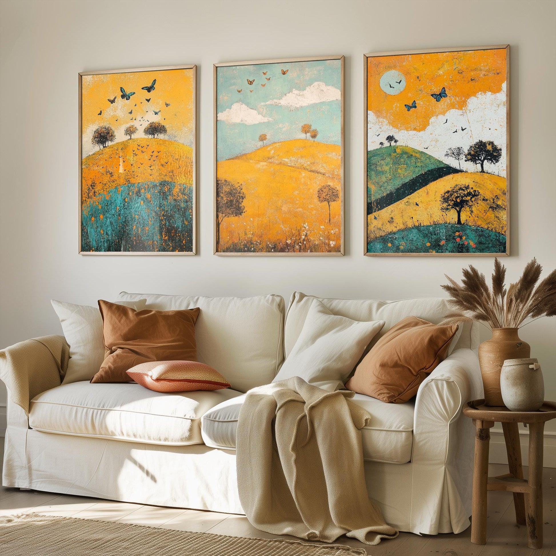 Rolling Butterfly Landscape Art Prints in Saffron, Teal and Charcoal - Set of Three Posters, Painting - The Trossachs