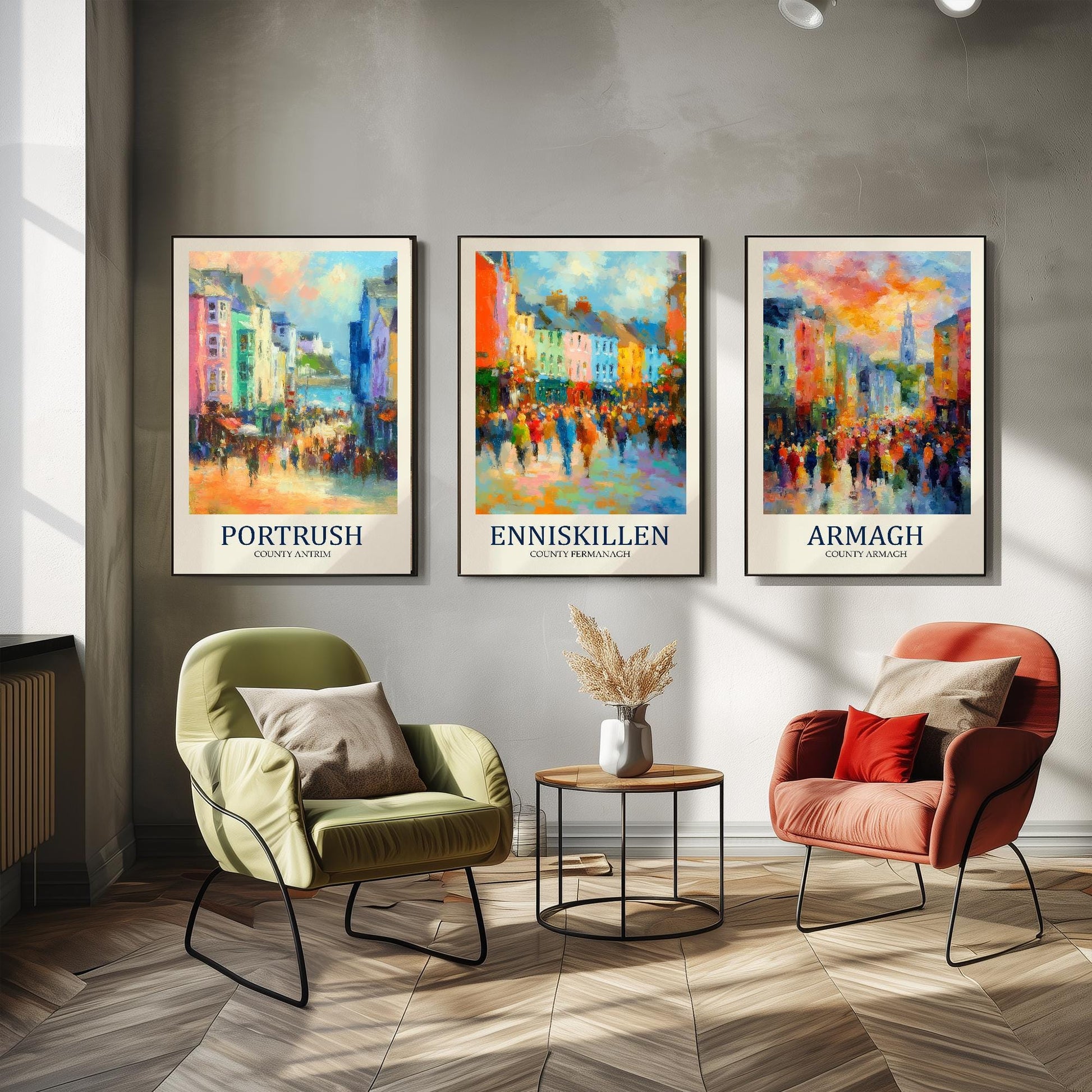 Northern Ireland Gems After Matisse Paintings - Set of Three Vibrant Art Prints - 3 Posters of Portrush, Enniskillen, Armagh