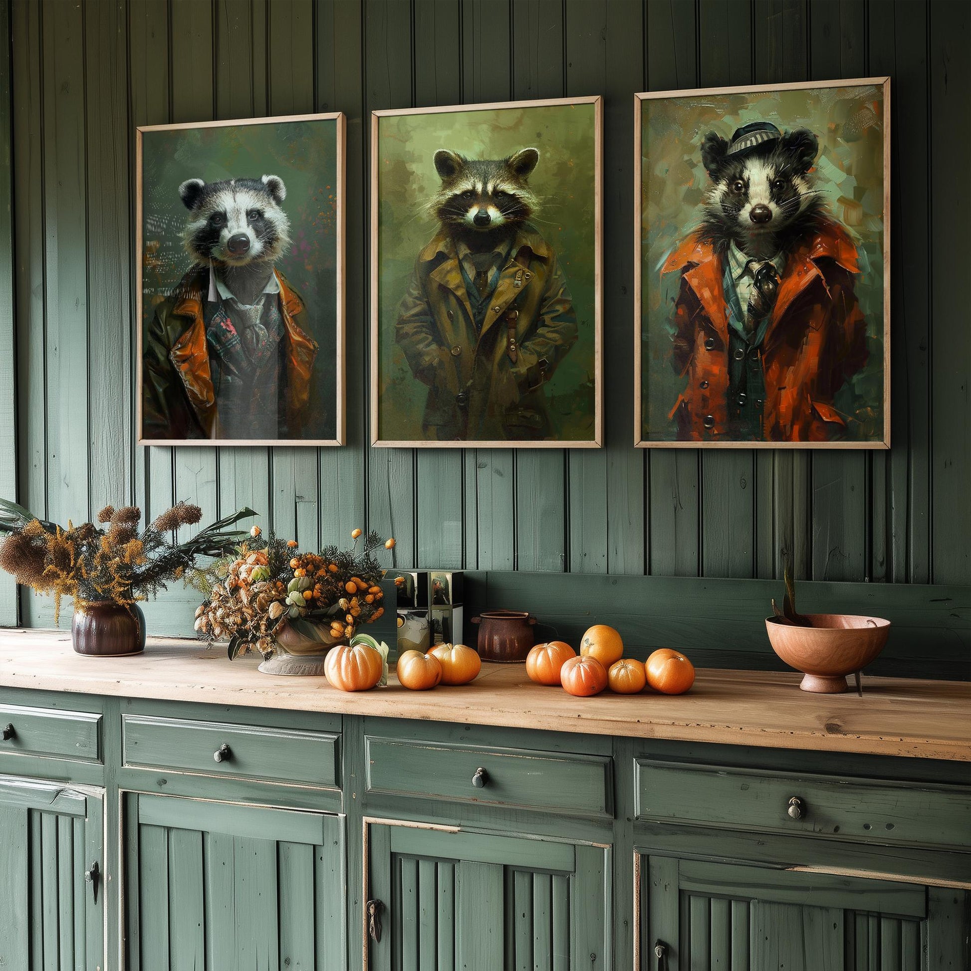 Set of Three Mischievous Animals Wearing Suits Posters - 3 Badger Raccoon Skunk Art Prints - Photo Painting Wall Smelly, Cute, Funny