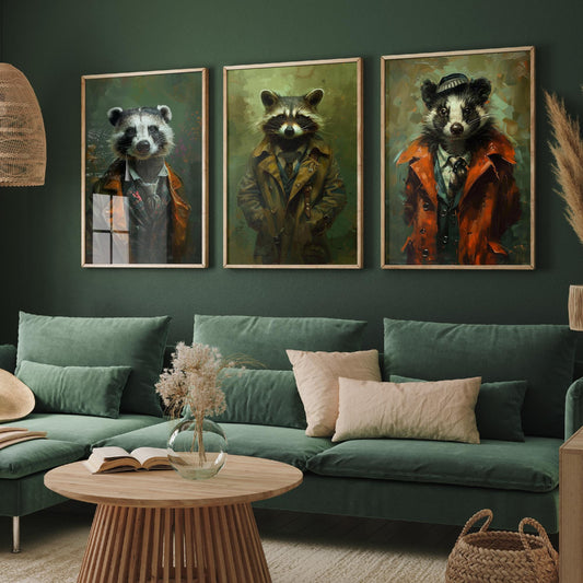 Set of Three Mischievous Animals Wearing Suits Posters - 3 Badger Raccoon Skunk Art Prints - Photo Painting Wall Smelly, Cute, Funny