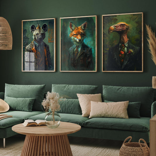 Set of Three Scavenger Animals Wearing Suits Posters - 3 Hyena, Jackal, Vulture Art Prints - Photo Painting Wall Meat Eater Carnivores