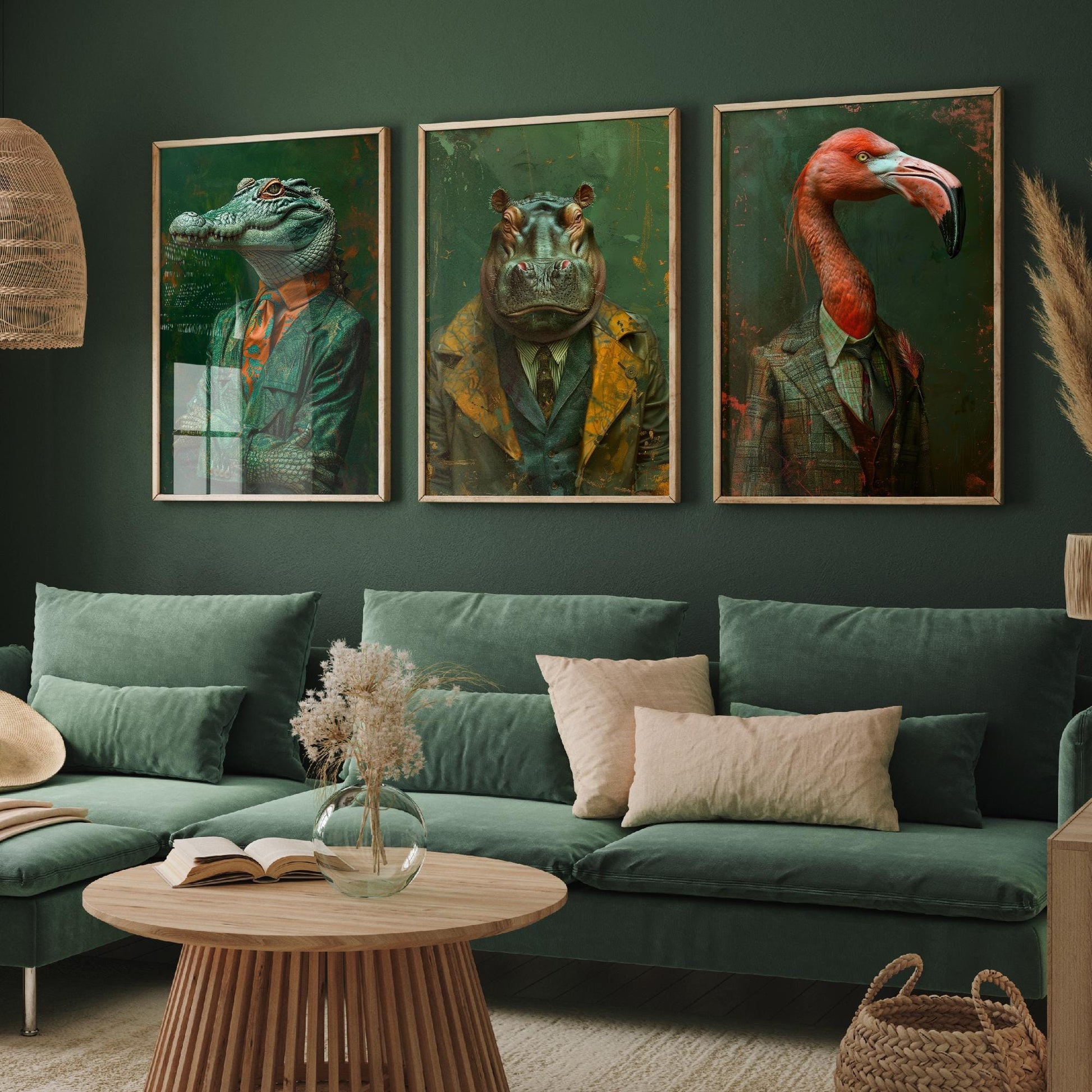 Set of Three Wild Riverbank Animals Wearing Suits Posters - 3 Crocodile, Hippo, Flamingo Art Prints - Photo Painting Wall Jungle Safari