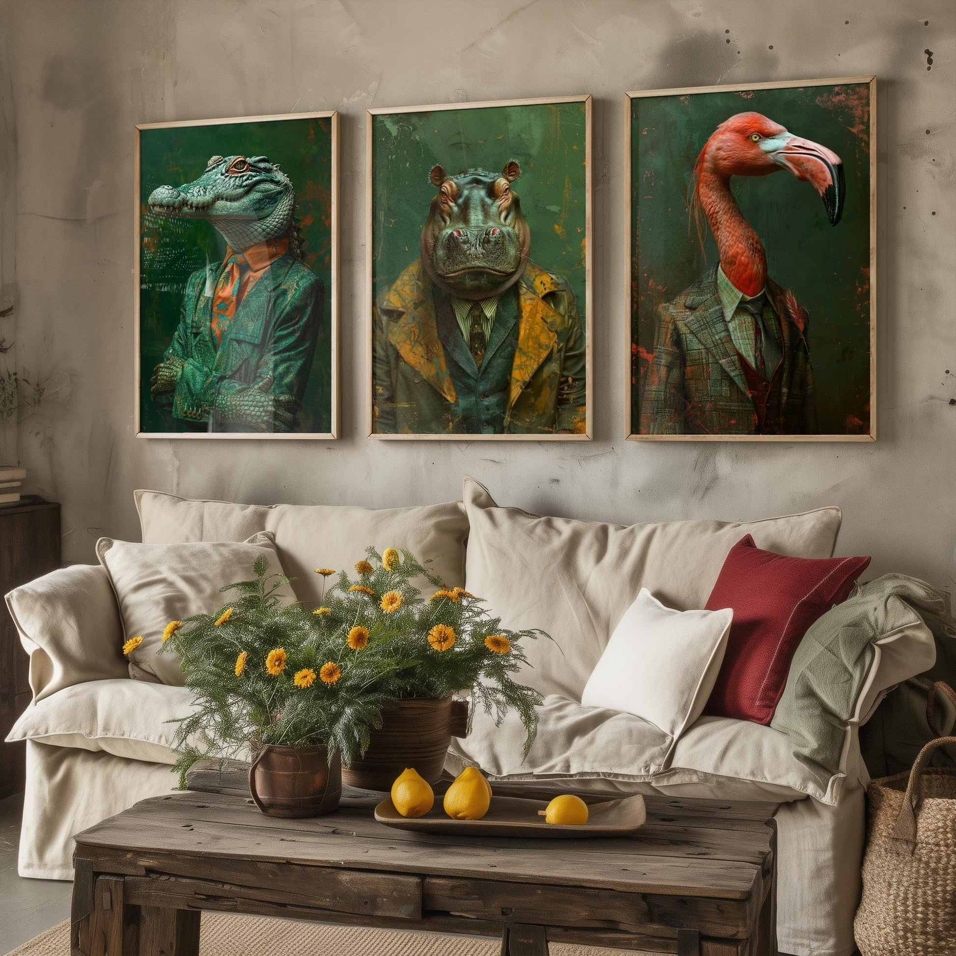 Set of Three Wild Riverbank Animals Wearing Suits Posters - 3 Crocodile, Hippo, Flamingo Art Prints - Photo Painting Wall Jungle Safari