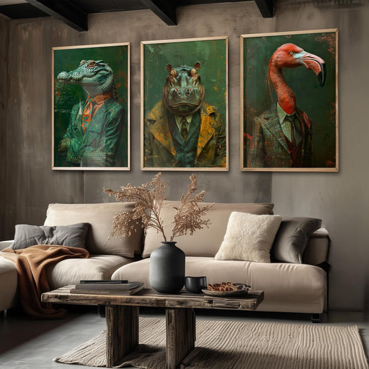 Set of Three Wild Riverbank Animals Wearing Suits Posters - 3 Crocodile, Hippo, Flamingo Art Prints - Photo Painting Wall Jungle Safari