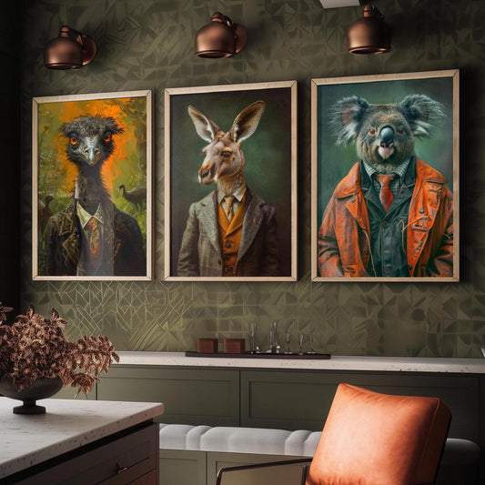 Set of Three Iconic Australian Animals Wearing Suits Posters - 3 Emu, Kangaroo, Koala Art Prints - Photo Painting Wall Oz Outback