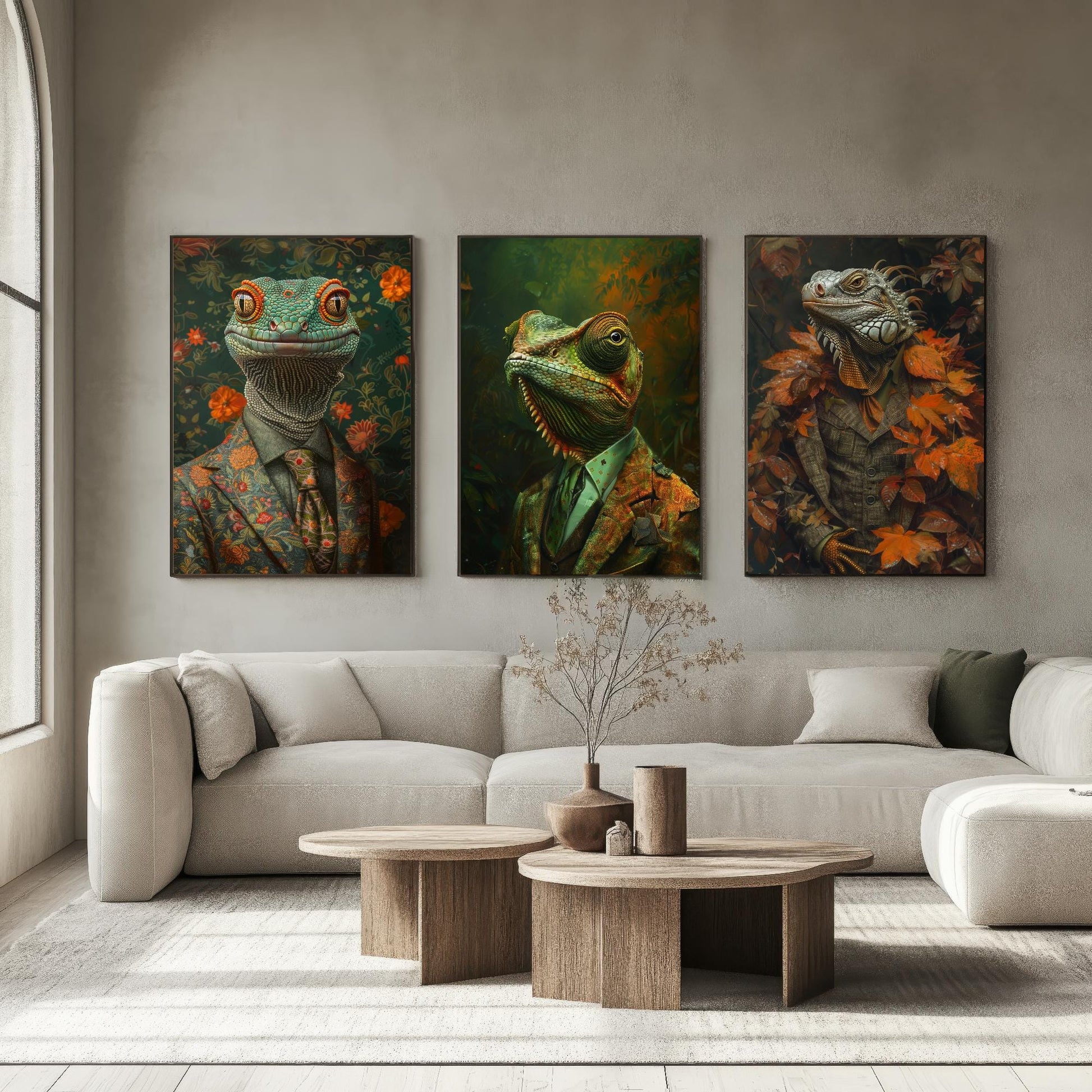 Set of Three Colour Changing Reptiles Wearing Suits Posters - 3 Chameleon, Gecko, Iguana Art Prints - Photo Painting Wall Jungle Animal