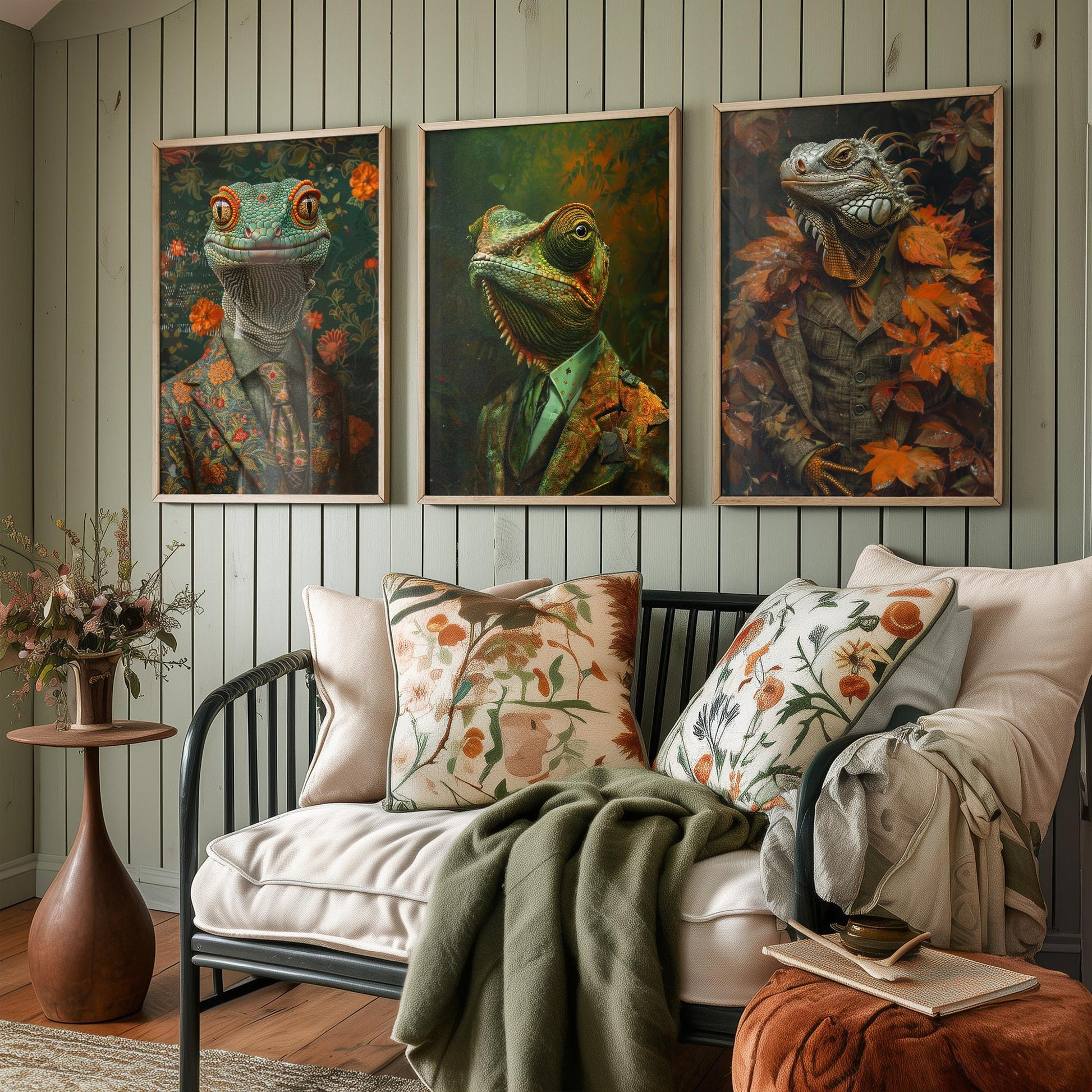 Set of Three Colour Changing Reptiles Wearing Suits Posters - 3 Chameleon, Gecko, Iguana Art Prints - Photo Painting Wall Jungle Animal