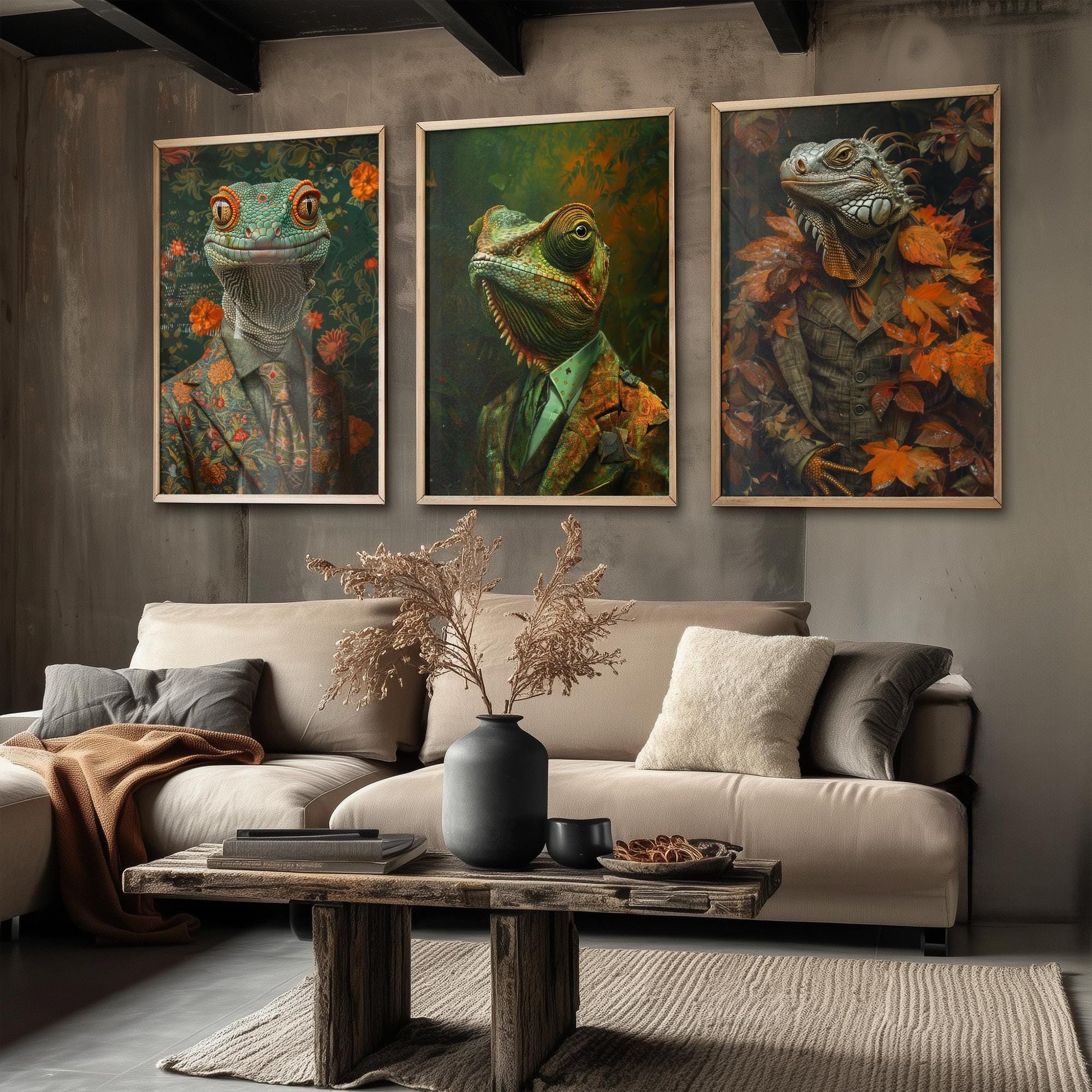 Set of Three Colour Changing Reptiles Wearing Suits Posters - 3 Chameleon, Gecko, Iguana Art Prints - Photo Painting Wall Jungle Animal