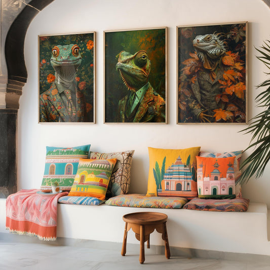 Set of Three Colour Changing Reptiles Wearing Suits Posters - 3 Chameleon, Gecko, Iguana Art Prints - Photo Painting Wall Jungle Animal