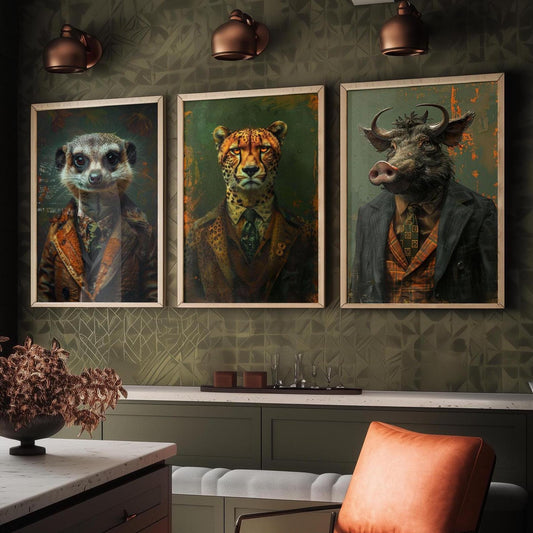 Set of Three Playful but Tough Animals Wearing Suits Posters - 3 Meerkat, Cheetah, Warthog Art Prints - Photo Painting Wall Oz Outback