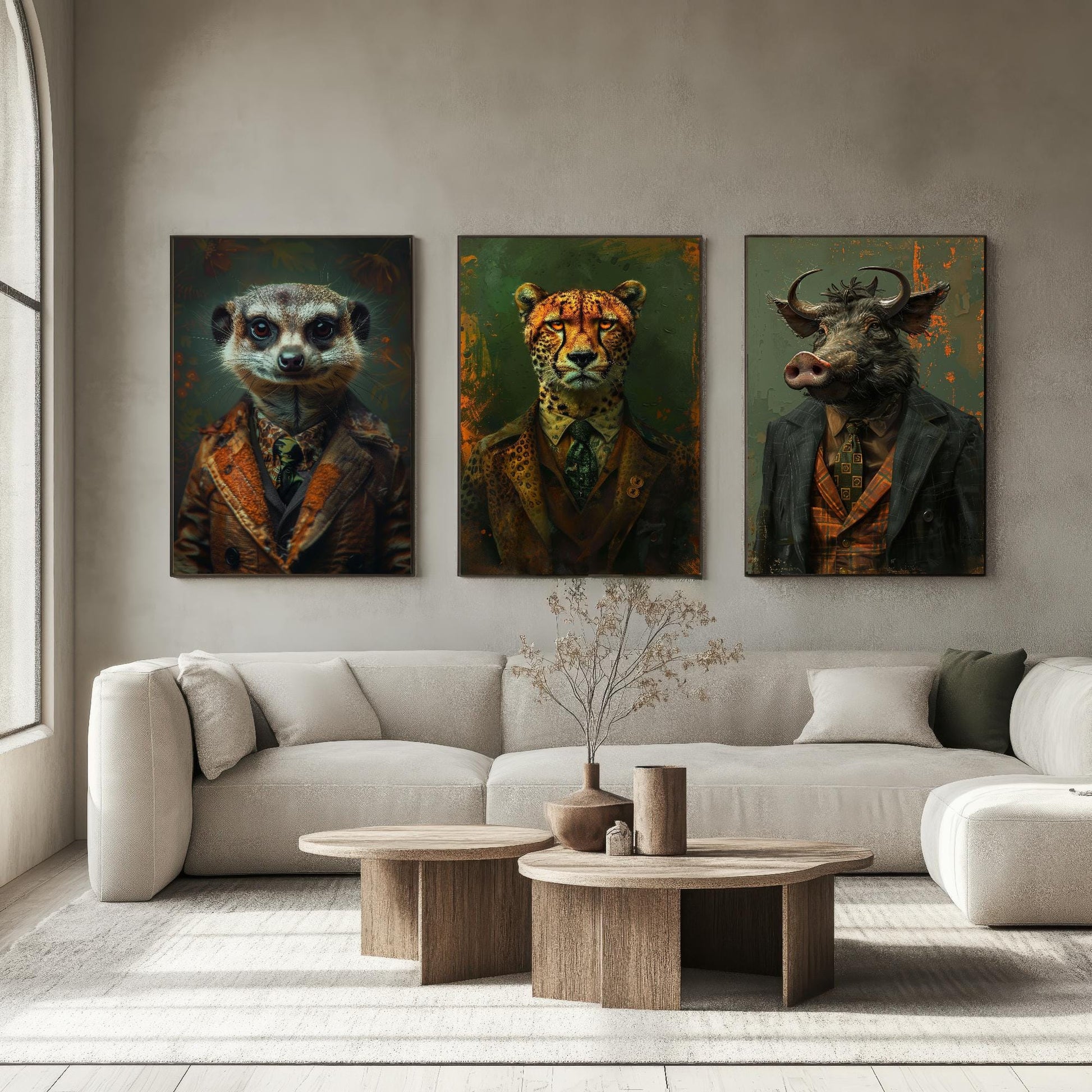 Set of Three Playful but Tough Animals Wearing Suits Posters - 3 Meerkat, Cheetah, Warthog Art Prints - Photo Painting Wall Oz Outback