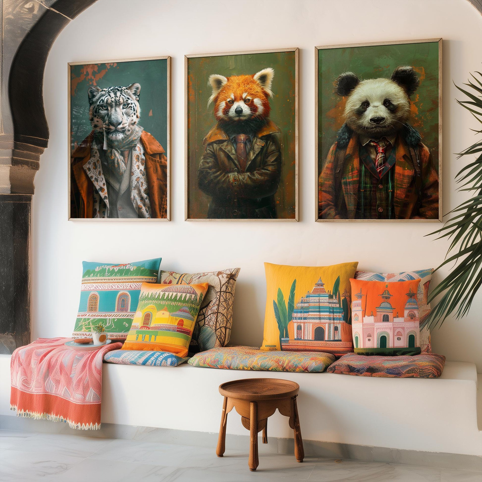 Set of Three Asian Mountain Animals Wearing Suits Posters - 3 Snow Leopard, Red Panda, Panda Art Prints - Photo Painting Wall Cute Bamboo