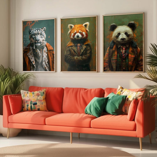 Set of Three Asian Mountain Animals Wearing Suits Posters - 3 Snow Leopard, Red Panda, Panda Art Prints - Photo Painting Wall Cute Bamboo
