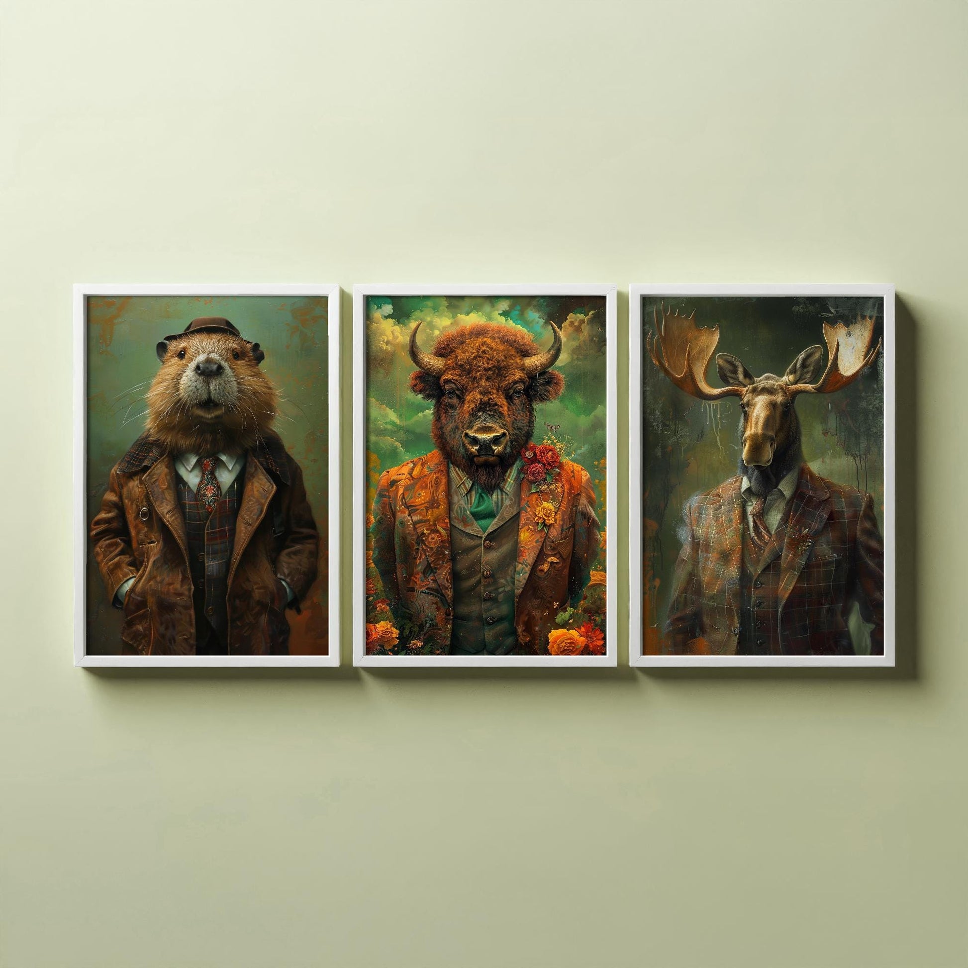 Set of Three North American Wilderness Animals Wearing Suits Posters - 3 Beaver, Bison, Moose Art Prints - Photo Painting Wall Dam Antlers