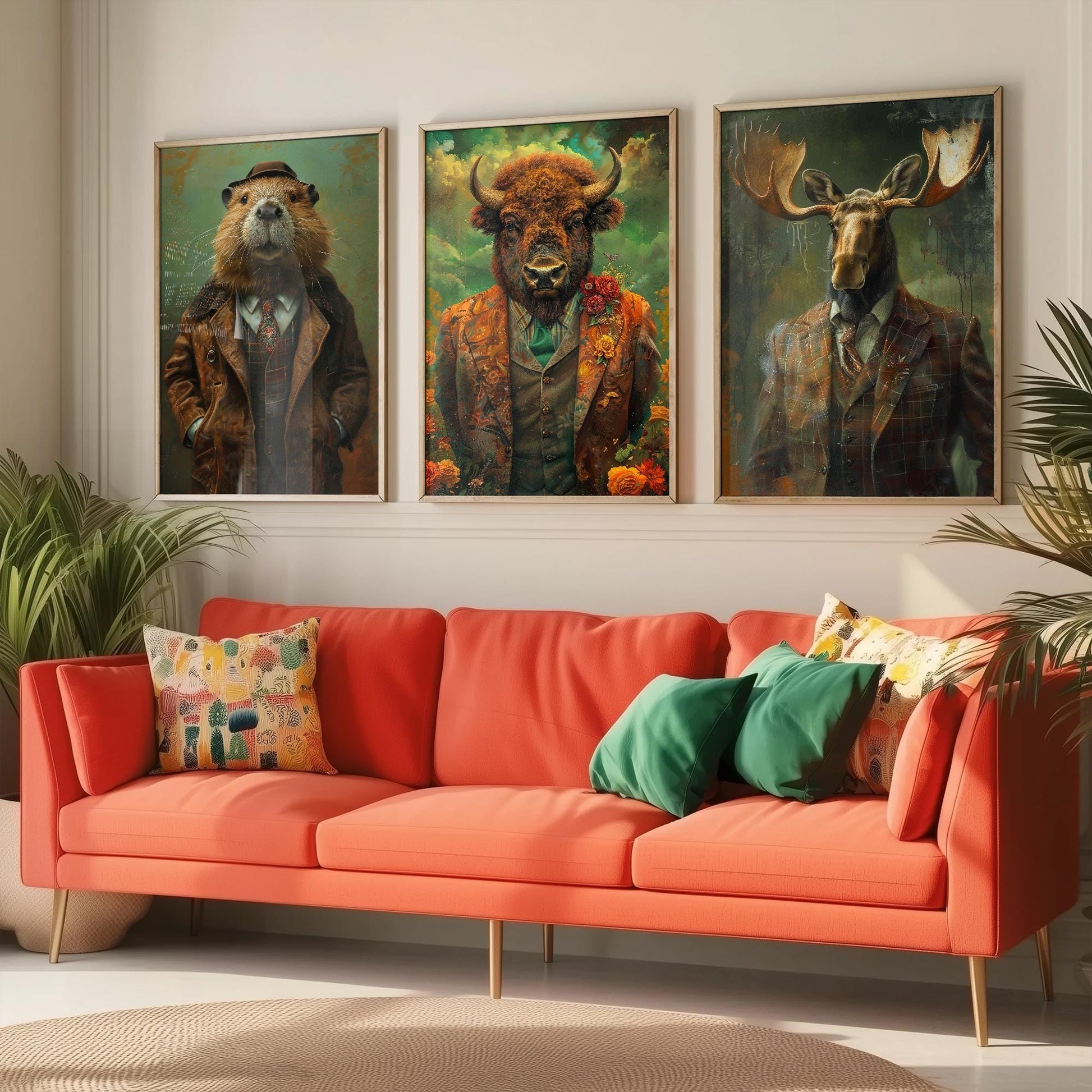 Set of Three North American Wilderness Animals Wearing Suits Posters - 3 Beaver, Bison, Moose Art Prints - Photo Painting Wall Dam Antlers