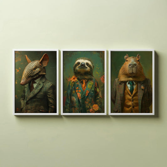 Set of Three Mellow South American Animals Wearing Suits Posters - 3 Armadillo, Sloth, Capybara Art Prints - Photo Painting Wall Flow Cute