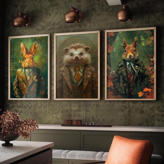 Set of Three Woodland Charmers Animals Wearing Suits Posters - 3 Rabbit, Hedgehog, Squirrel Art Prints - Photo Painting Wall Cosy Appeal