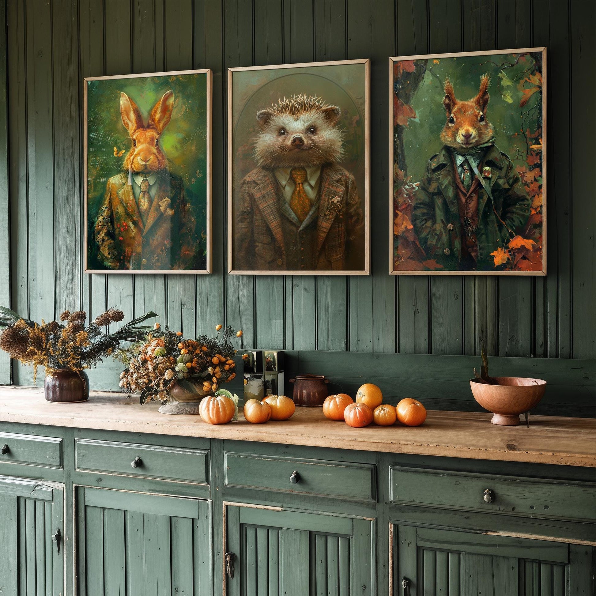 Set of Three Woodland Charmers Animals Wearing Suits Posters - 3 Rabbit, Hedgehog, Squirrel Art Prints - Photo Painting Wall Cosy Appeal