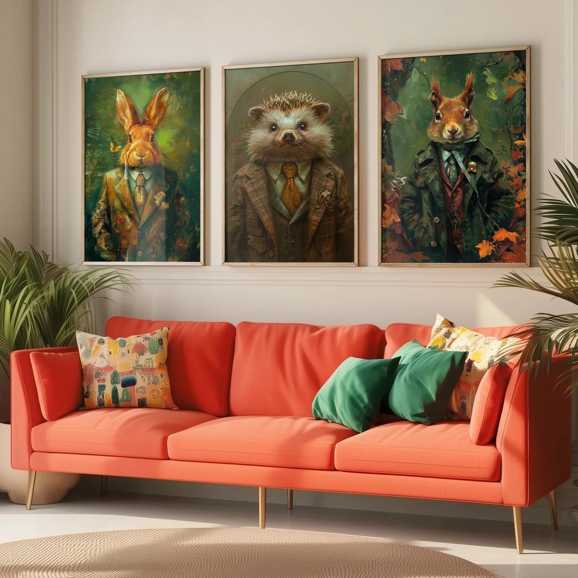 Set of Three Woodland Charmers Animals Wearing Suits Posters - 3 Rabbit, Hedgehog, Squirrel Art Prints - Photo Painting Wall Cosy Appeal