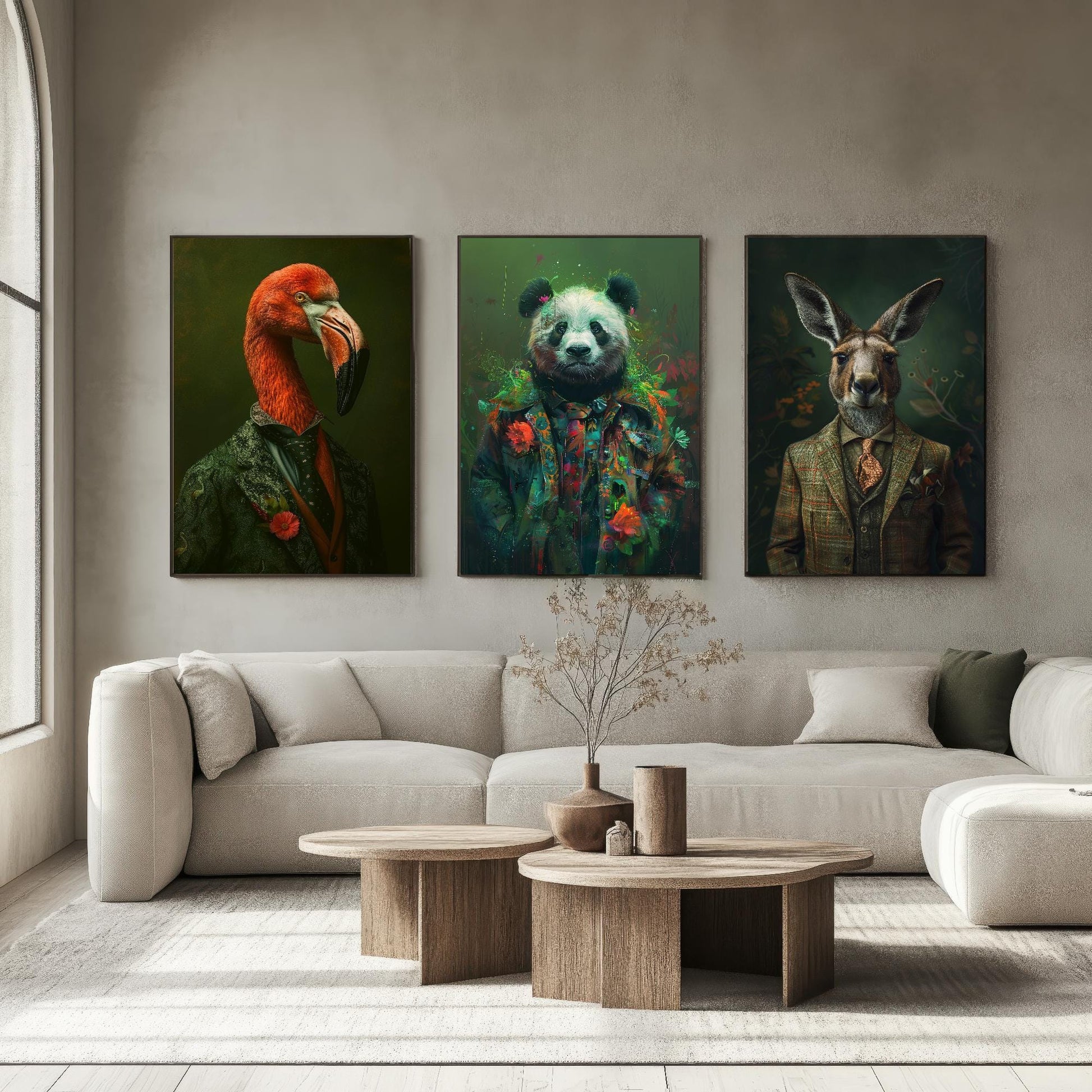 Flamingo, Panda and Kangaroo Set of Three Animals Wearing Suits Posters - 3 Art Prints - Photo Painting Wall Cute Iconic Creatures Bamboo