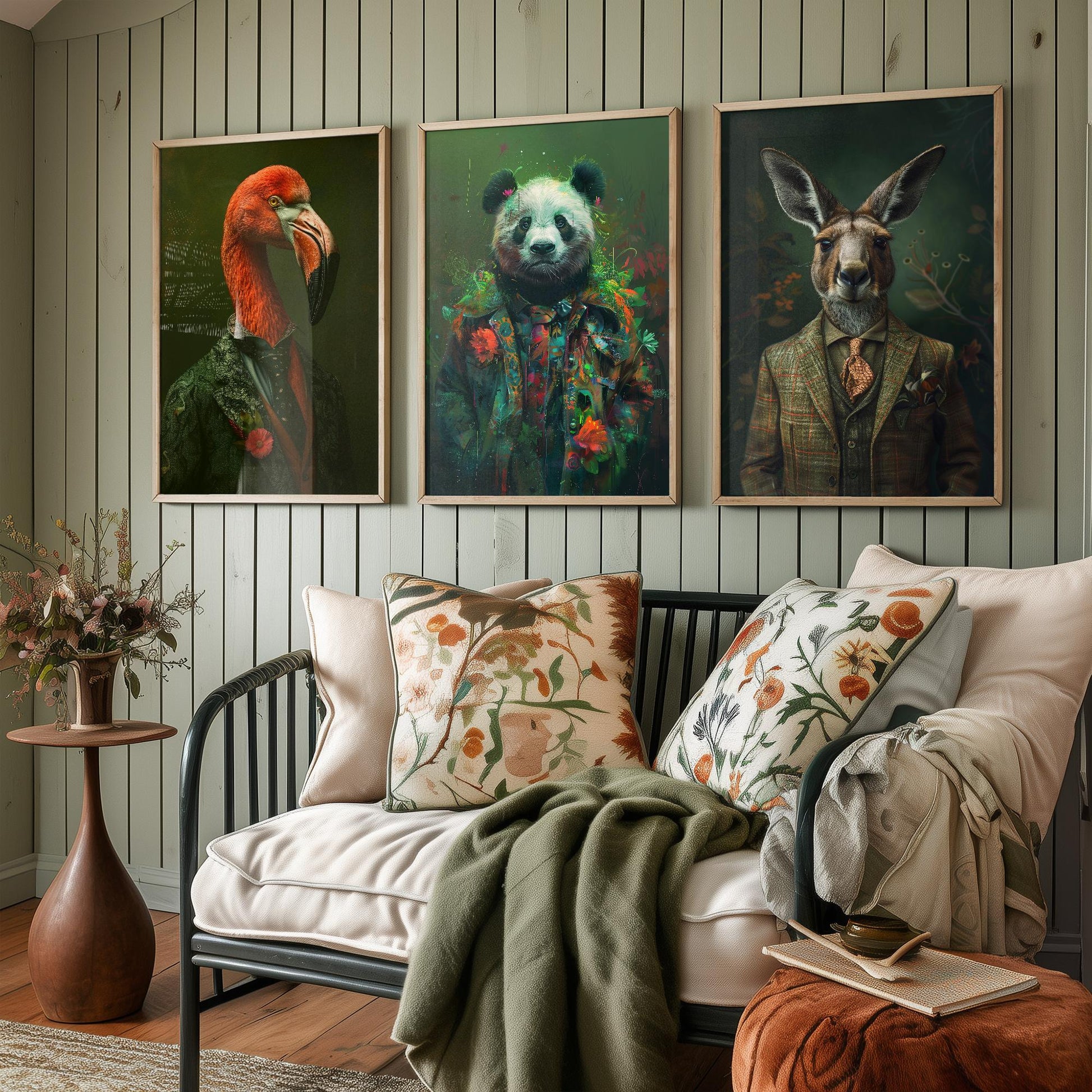 Flamingo, Panda and Kangaroo Set of Three Animals Wearing Suits Posters - 3 Art Prints - Photo Painting Wall Cute Iconic Creatures Bamboo