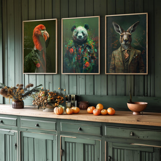 Flamingo, Panda and Kangaroo Set of Three Animals Wearing Suits Posters - 3 Art Prints - Photo Painting Wall Cute Iconic Creatures Bamboo