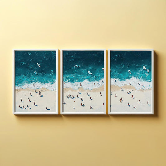 Aerial View of Portobello Beach Set of Three Posters - Populated Illustration of Ocean - 3 Art Prints Painting Sand Waves Edinburgh Scotland
