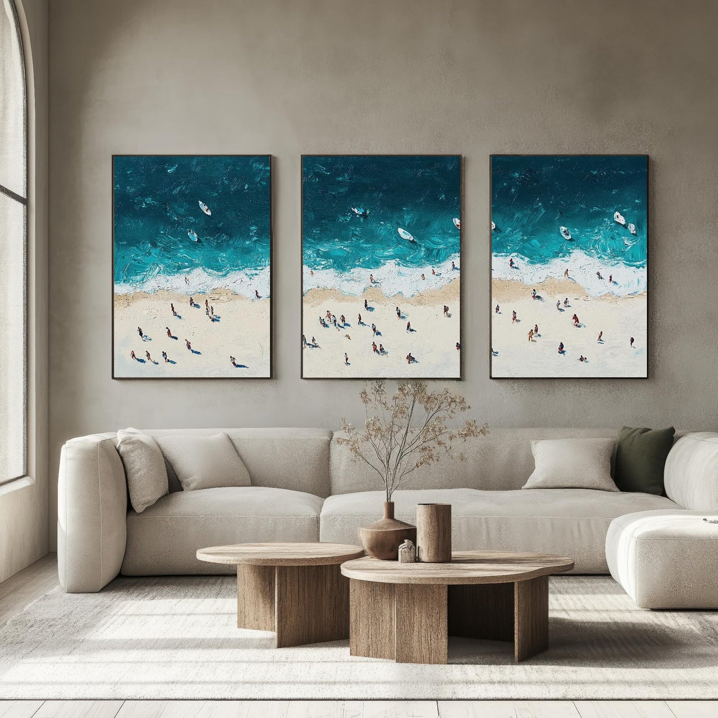 Aerial View of Portobello Beach Set of Three Posters - Populated Illustration of Ocean - 3 Art Prints Painting Sand Waves Edinburgh Scotland