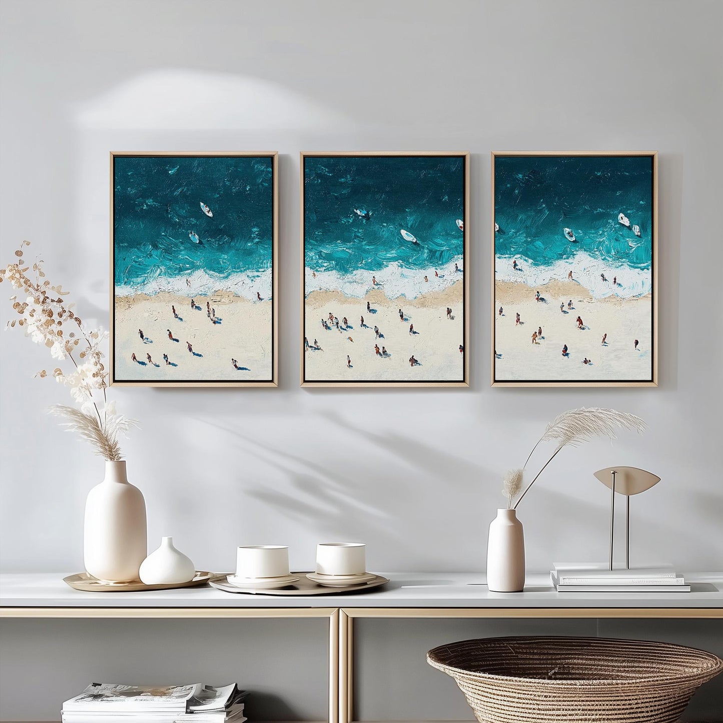 Aerial View of Portobello Beach Set of Three Posters - Populated Illustration of Ocean - 3 Art Prints Painting Sand Waves Edinburgh Scotland