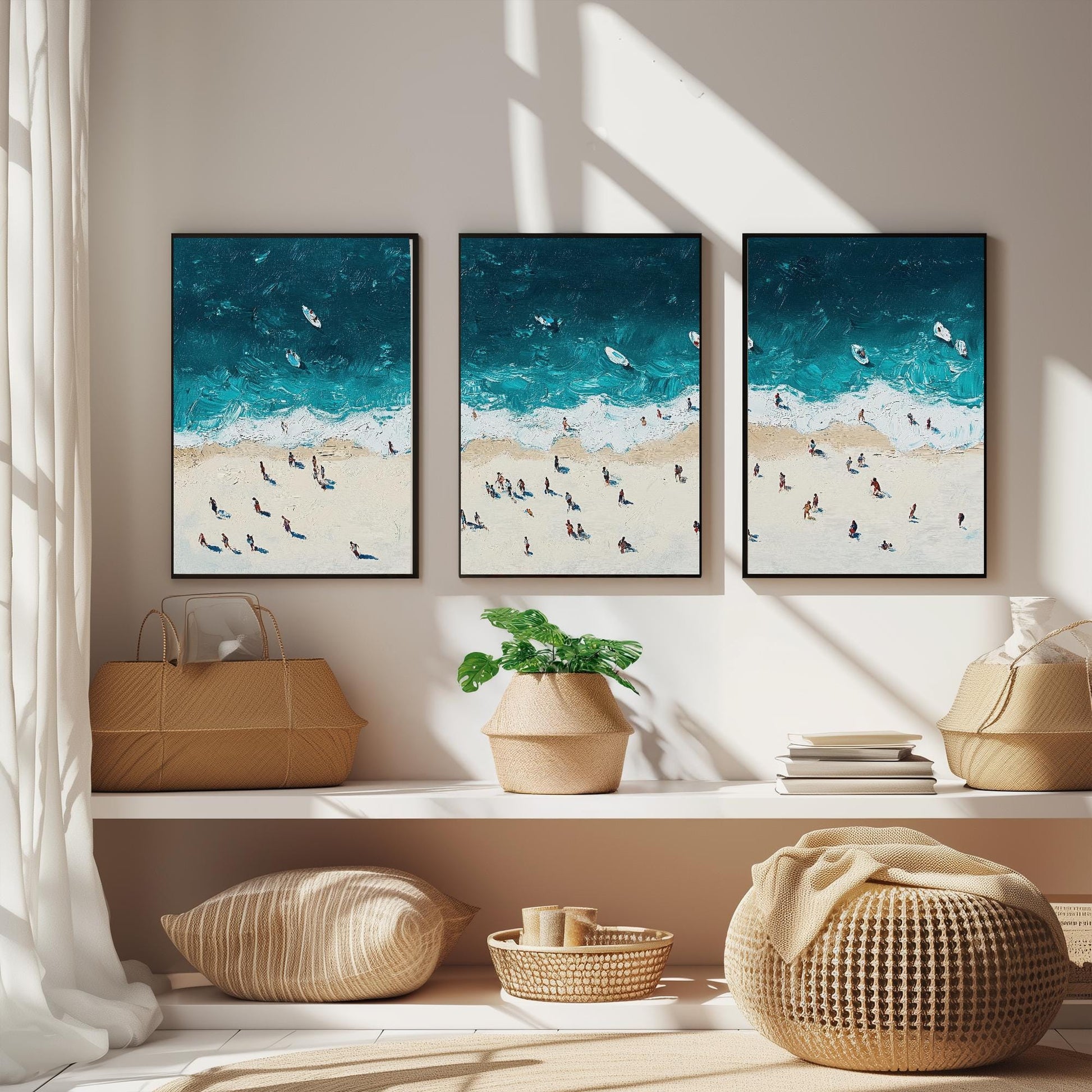 Aerial View of Portobello Beach Set of Three Posters - Populated Illustration of Ocean - 3 Art Prints Painting Sand Waves Edinburgh Scotland