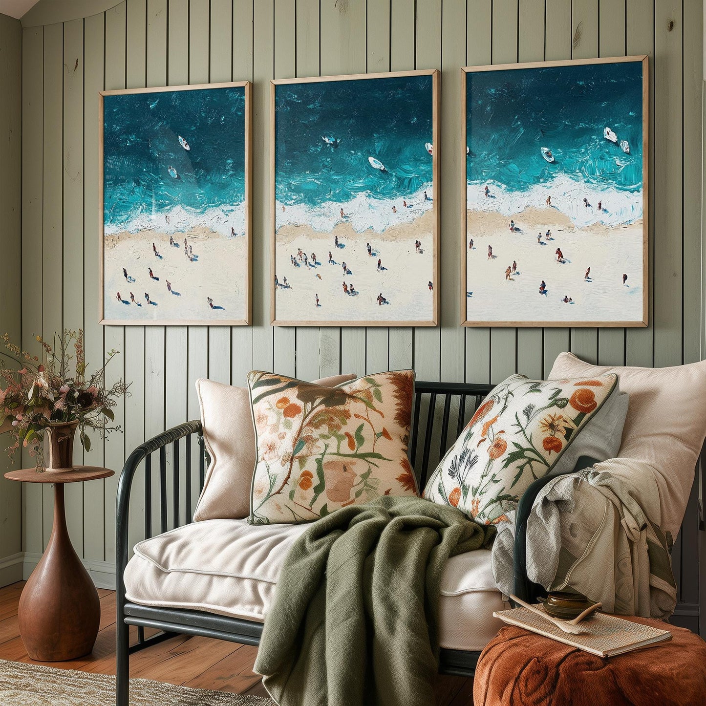 Aerial View of Portobello Beach Set of Three Posters - Populated Illustration of Ocean - 3 Art Prints Painting Sand Waves Edinburgh Scotland
