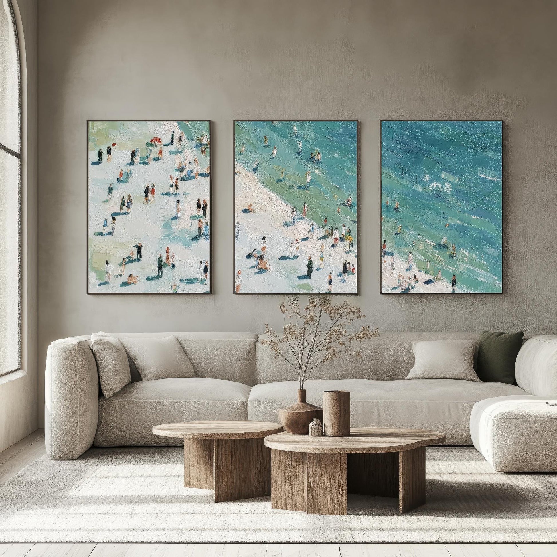 Aerial View of Whitby Beach Set of Three Posters - Populated Illustration of Ocean - 3 Art Prints Painting Sand Waves North Yorkshire