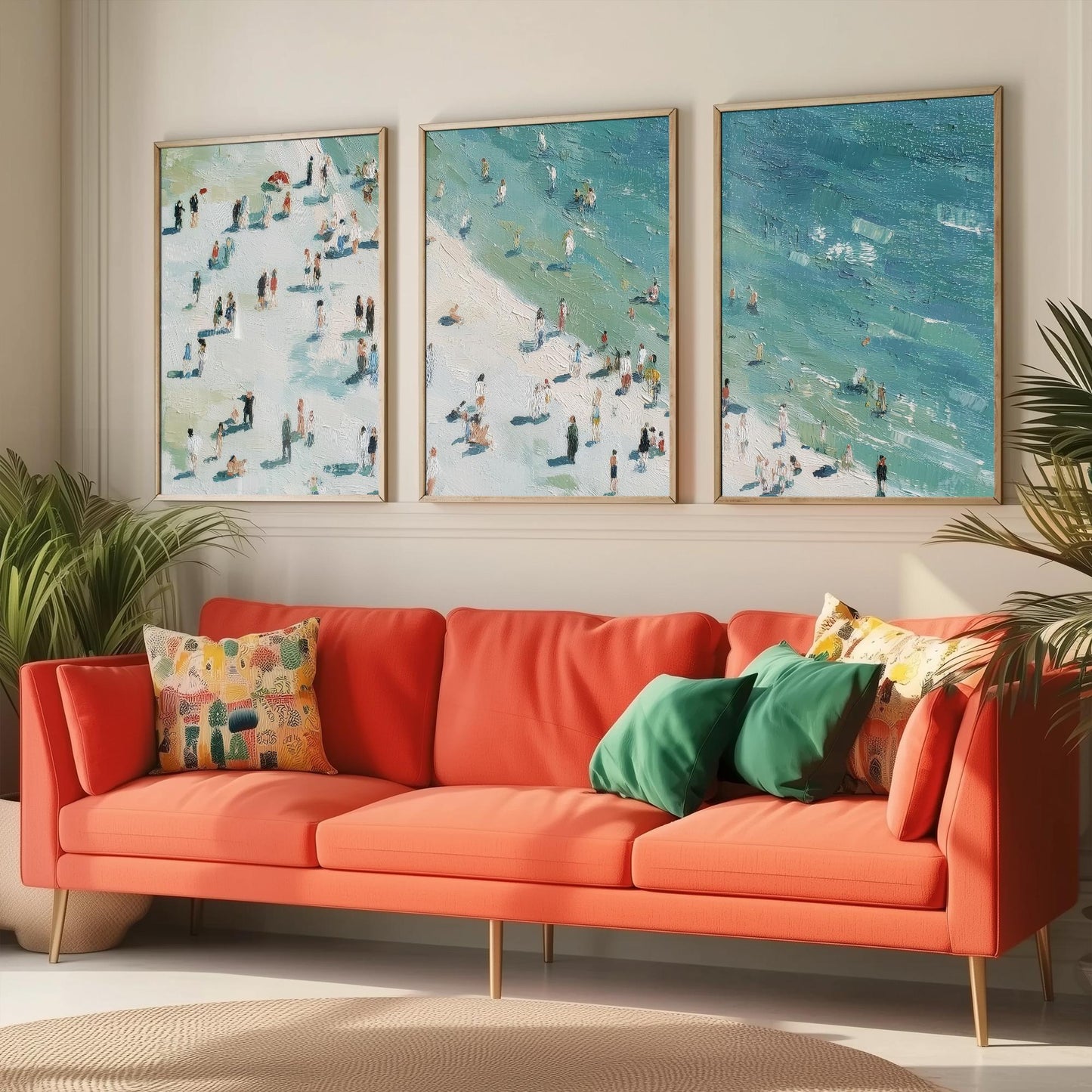 Aerial View of Whitby Beach Set of Three Posters - Populated Illustration of Ocean - 3 Art Prints Painting Sand Waves North Yorkshire
