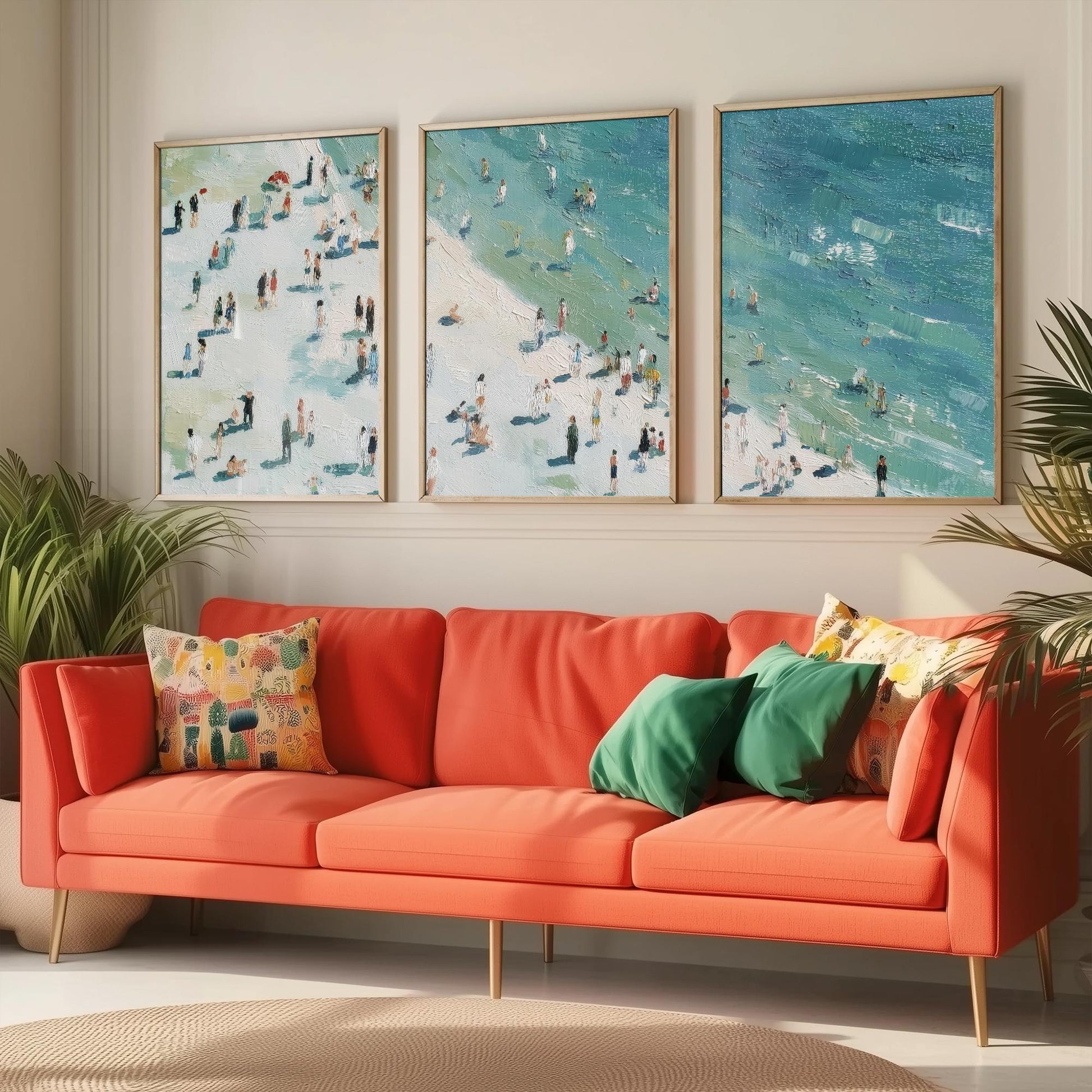 Aerial View of Whitby Beach Set of Three Posters - Populated Illustration of Ocean - 3 Art Prints Painting Sand Waves North Yorkshire